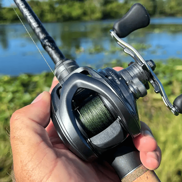 Camo braided fishing line in lake
